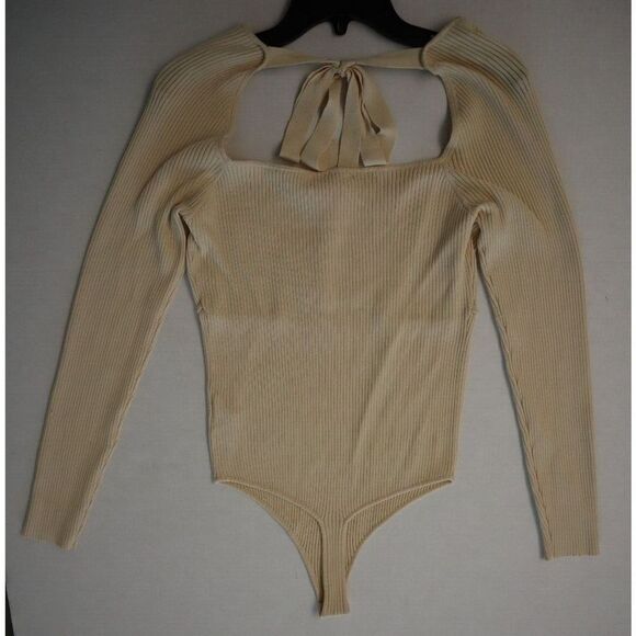 Leyden 1875LMA Women's Sz L Cream Ribbed Cutout Long Sleeve Thong Bodysuit $89+ - Picture 5 of 5